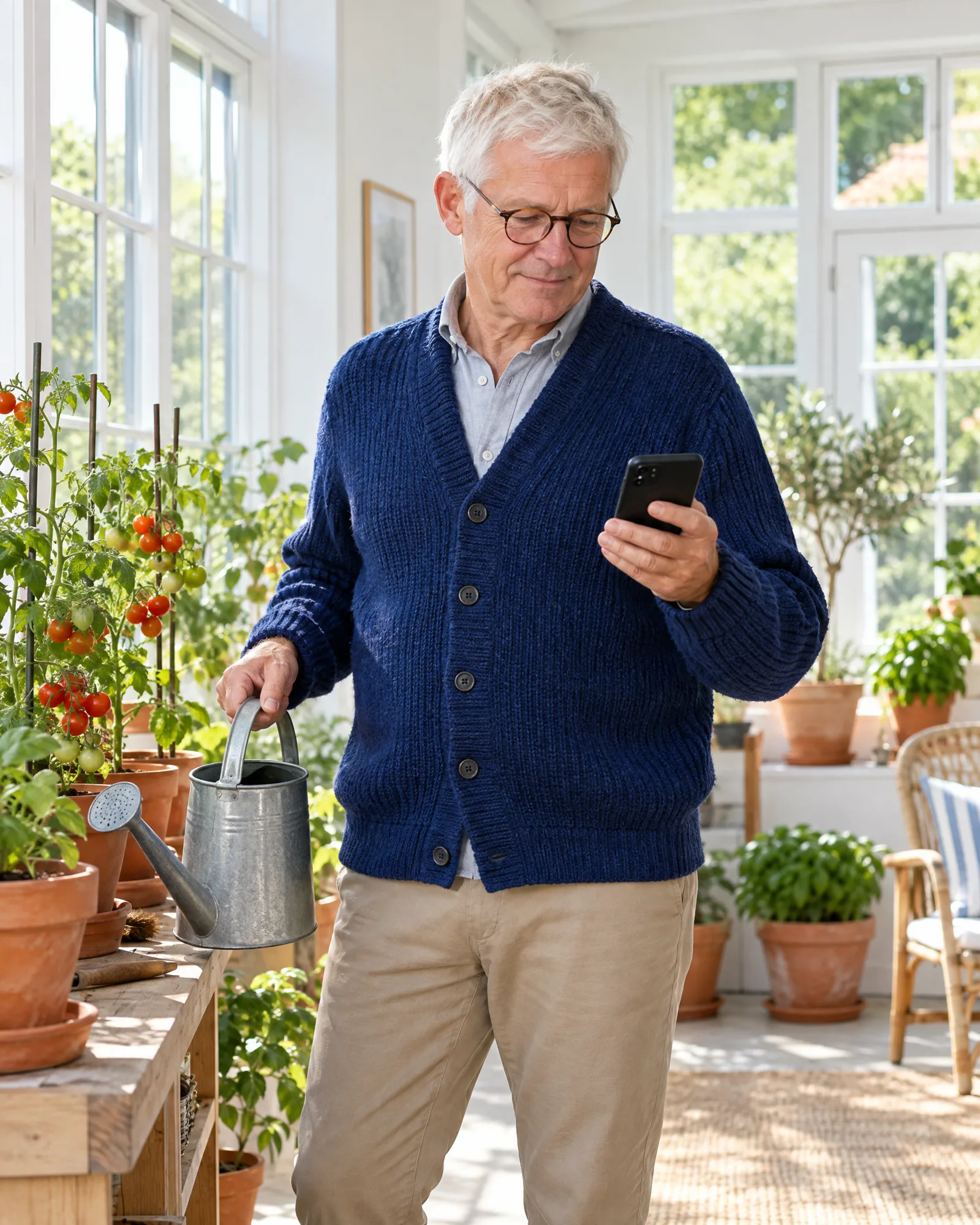 En mand i sin havestue med vandkande og telefon