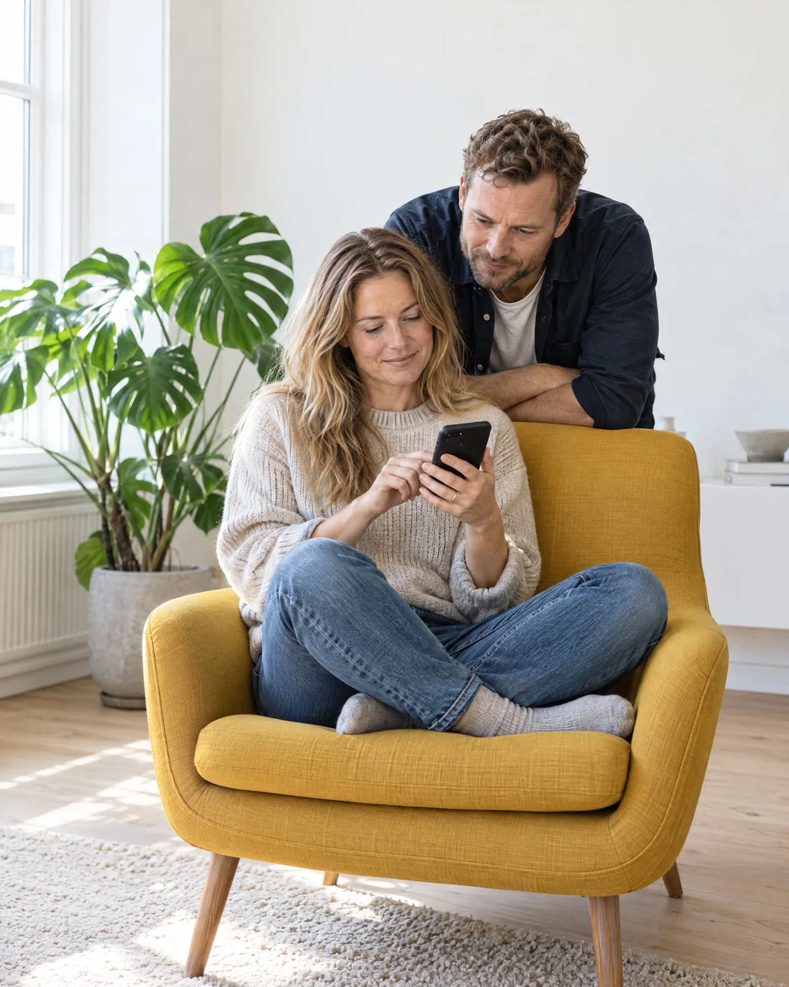 Et par i en gul lænestol kigger på en telefon